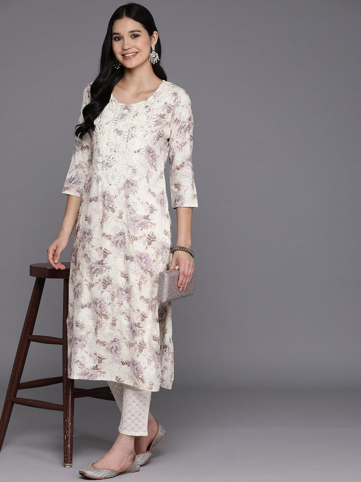 Off White Printed Rayon Straight Kurta