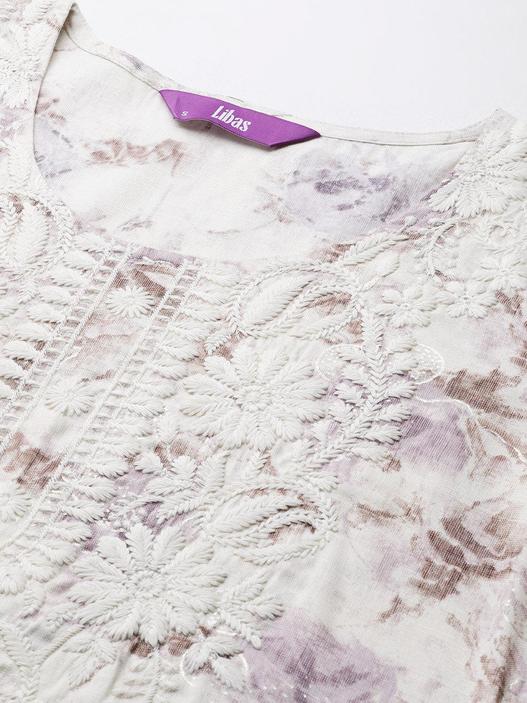 Off White Printed Rayon Straight Kurta - Libas 