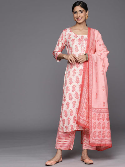 Off White Printed Rayon Straight Suit Set With Trousers - ShopLibas