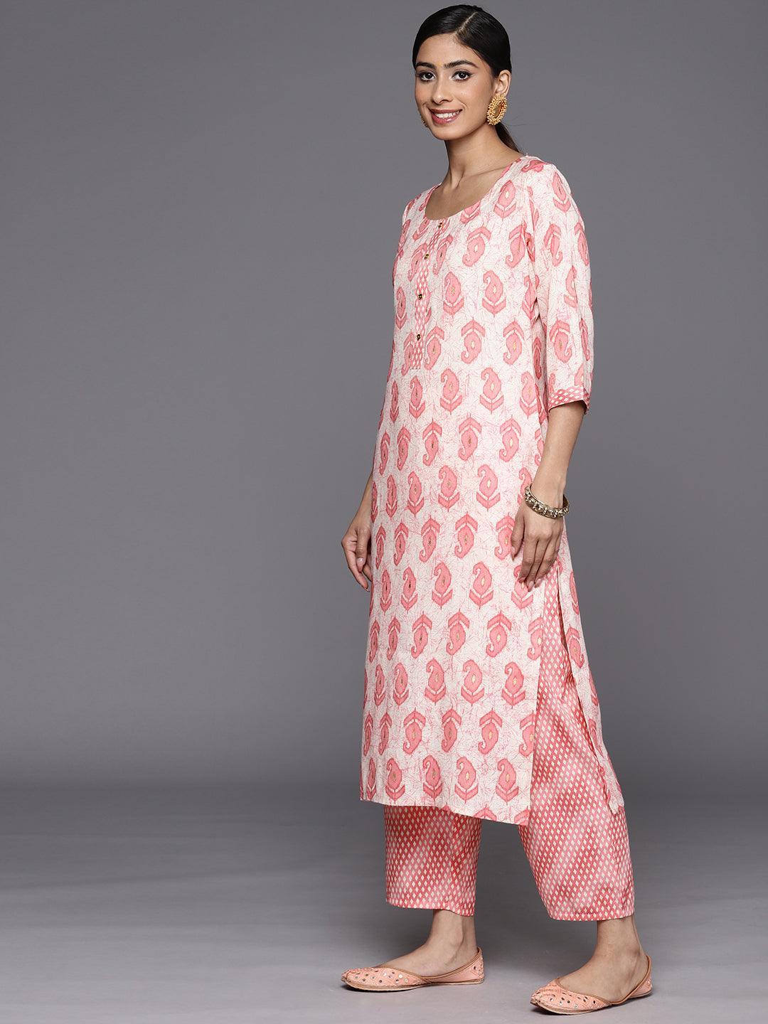 Off White Printed Rayon Straight Suit Set With Trousers - ShopLibas 