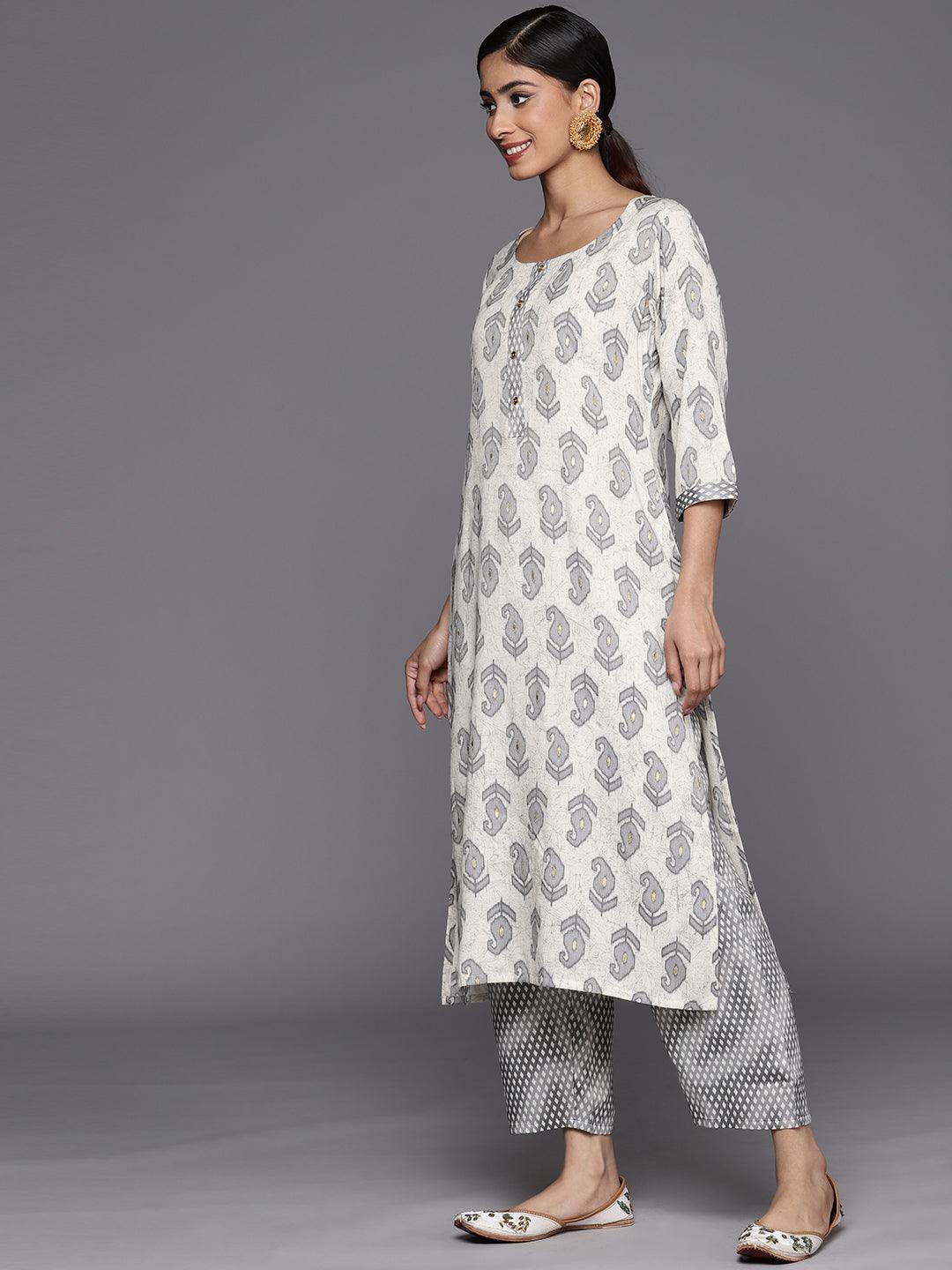 Off White Printed Rayon Straight Suit Set With Trousers - ShopLibas 