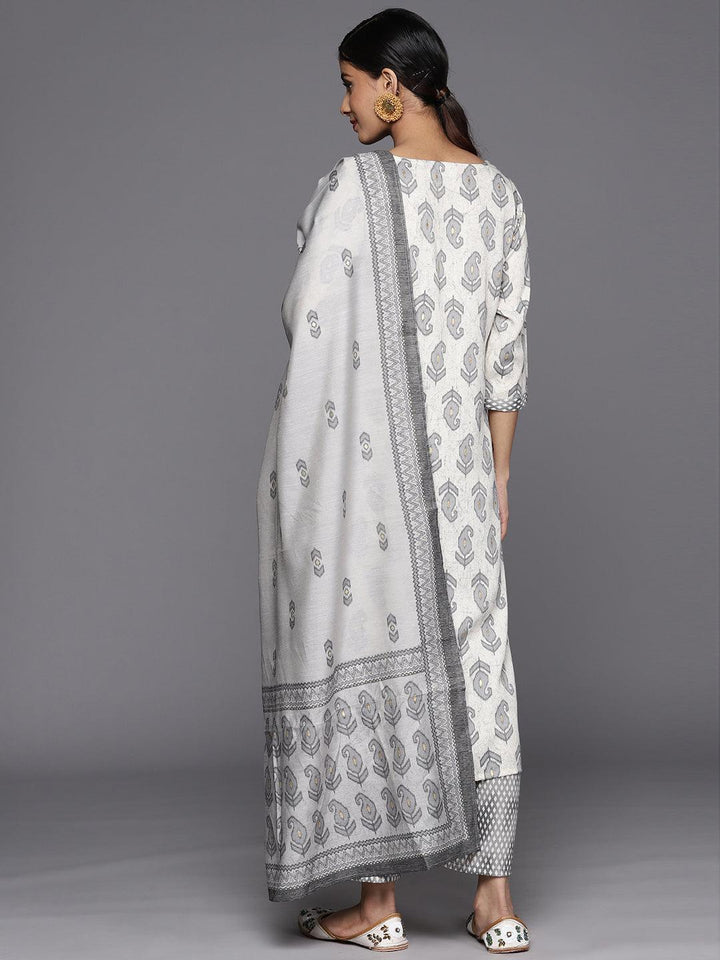 Off White Printed Rayon Straight Suit Set With Trousers