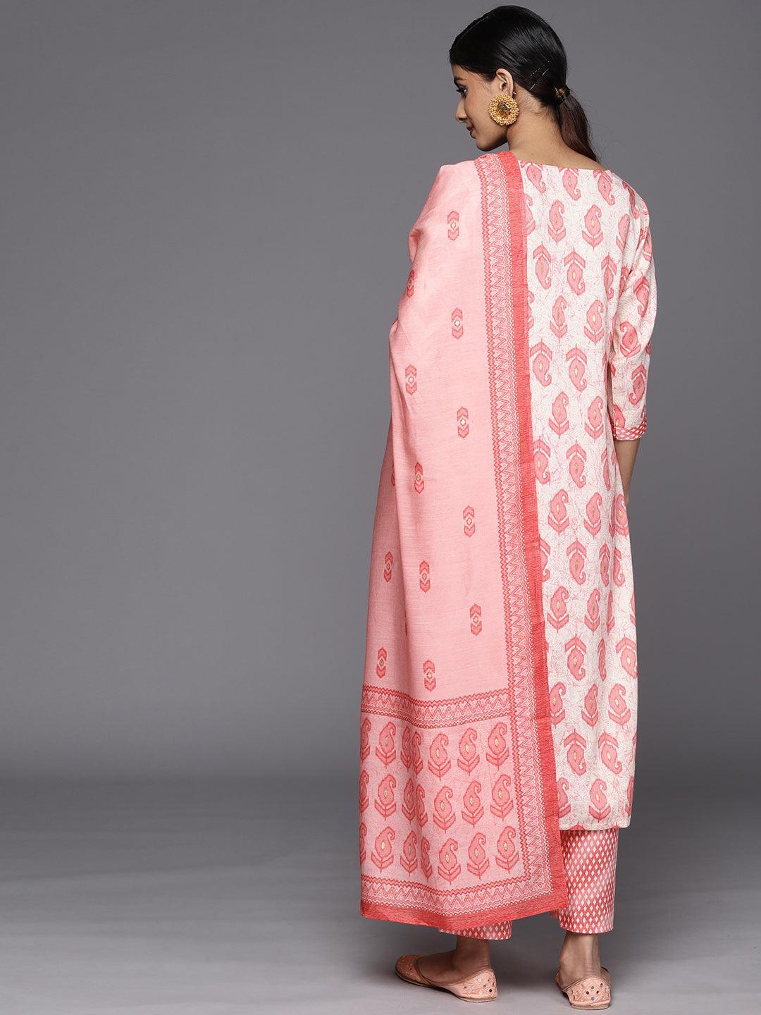 Off White Printed Rayon Straight Suit Set With Trousers - ShopLibas 