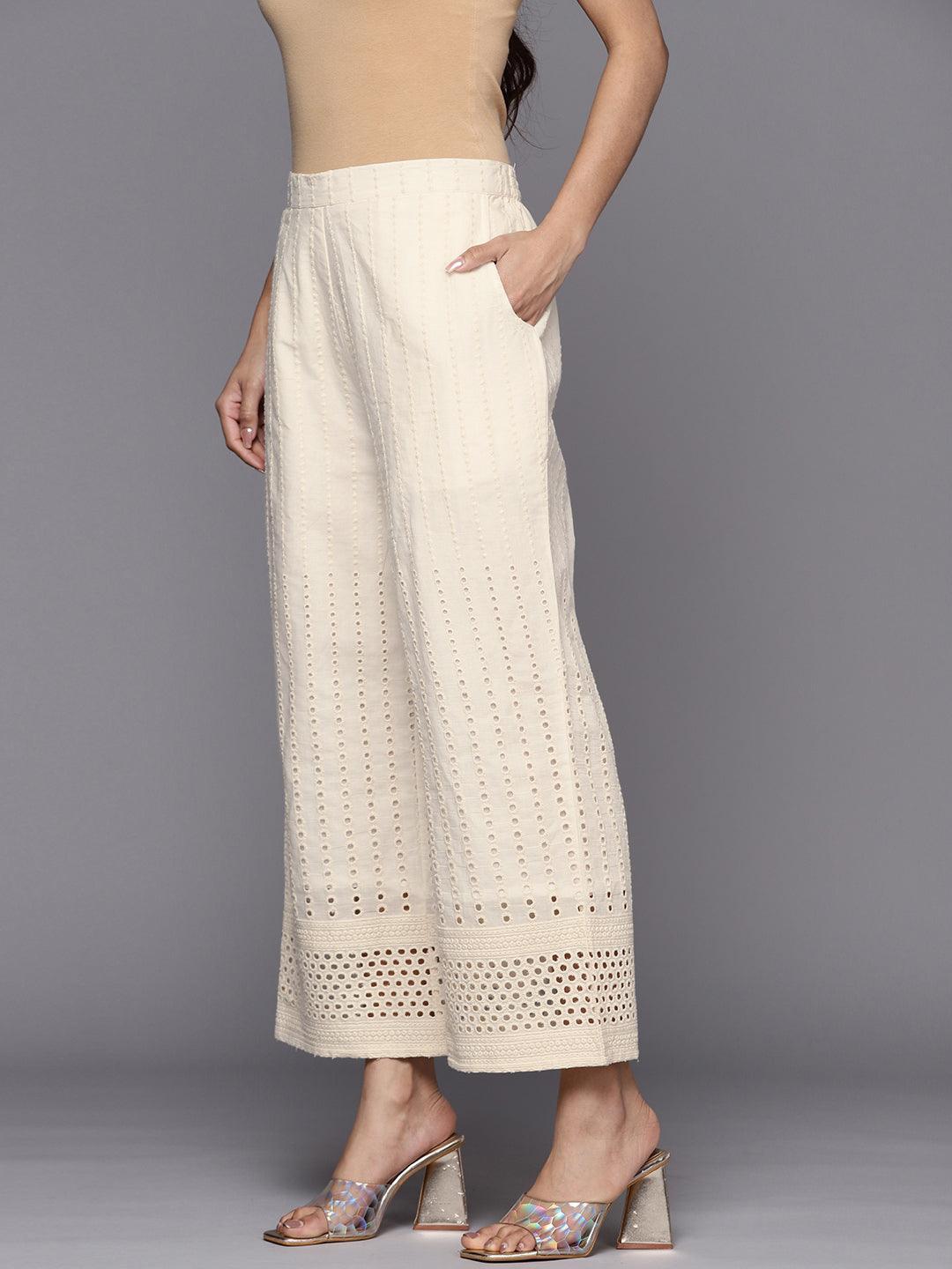 Off White Embroidered Cotton Palazzos - ShopLibas 