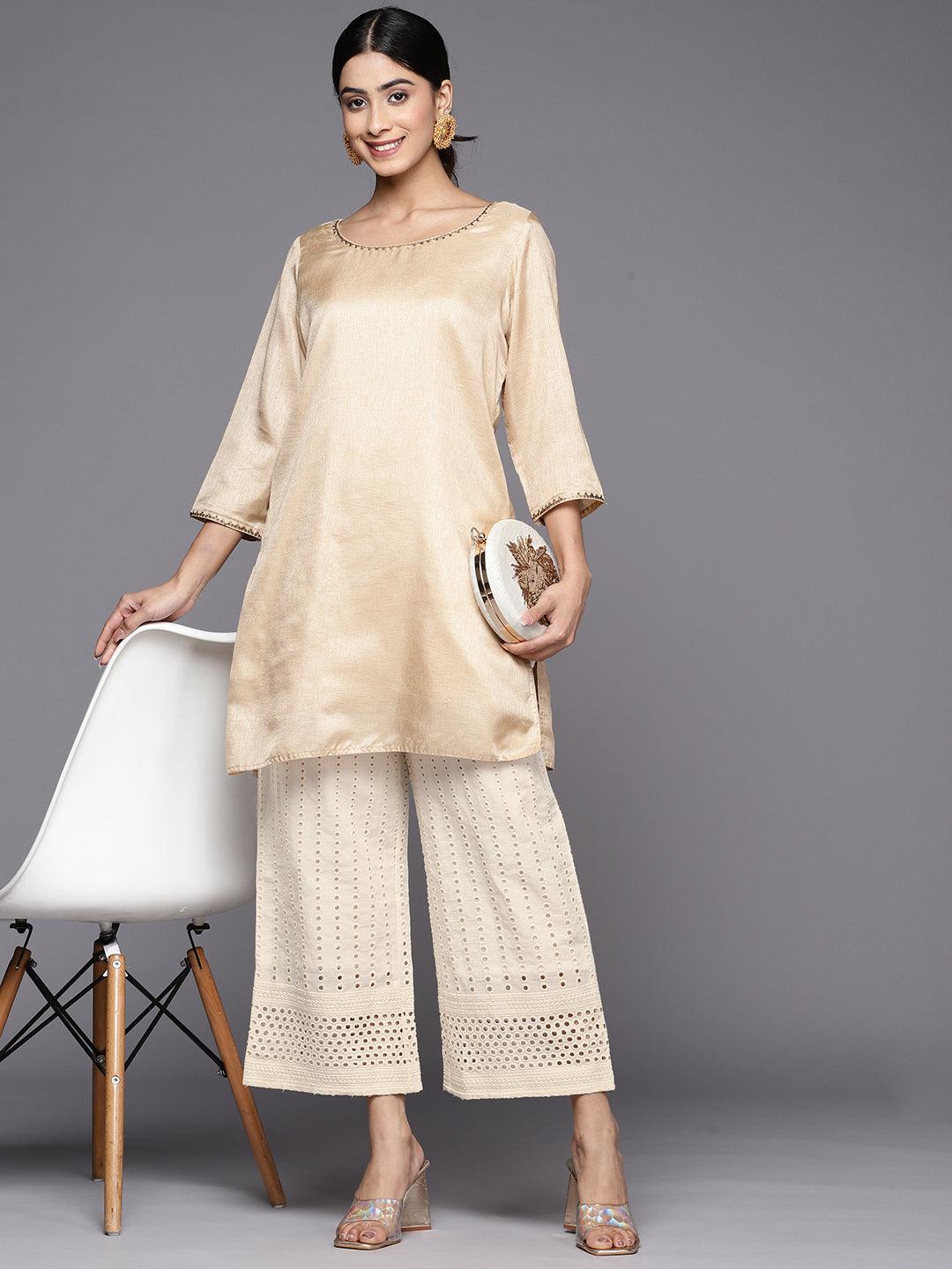 Off White Embroidered Cotton Palazzos - ShopLibas 