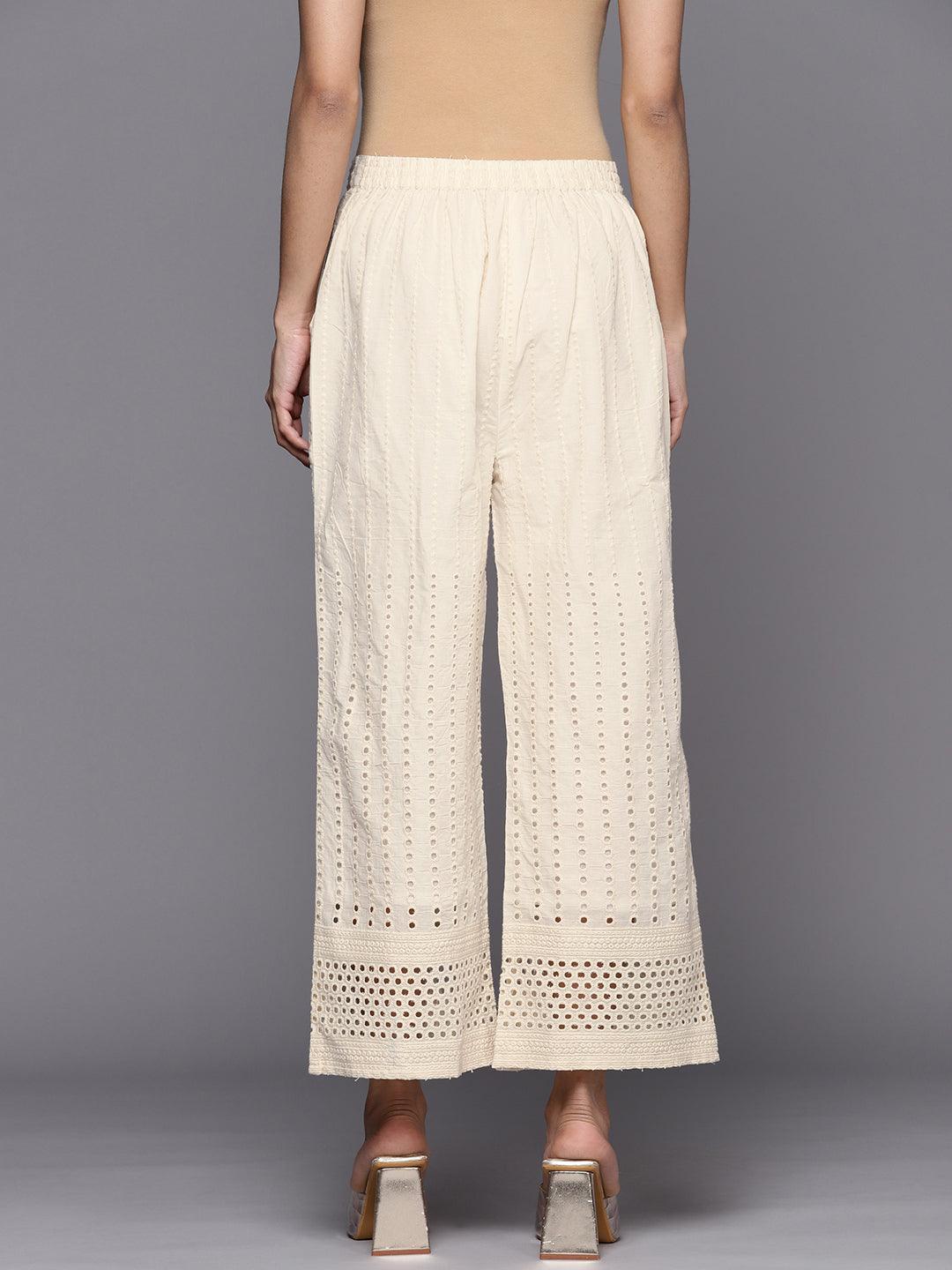 Off White Embroidered Cotton Palazzos - ShopLibas 