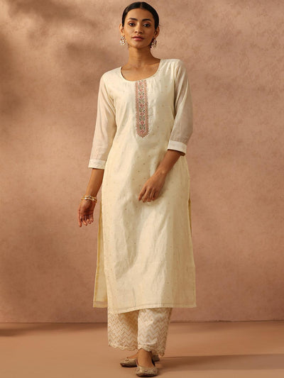 Off White Embroidered Chanderi Silk Straight Kurta - ShopLibas