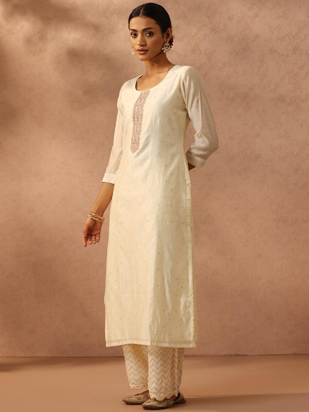 Off White Embroidered Chanderi Silk Straight Kurta - ShopLibas 