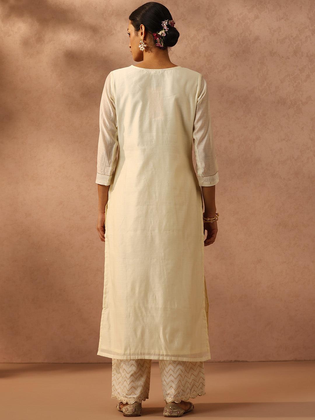 Off White Embroidered Chanderi Silk Straight Kurta - ShopLibas 
