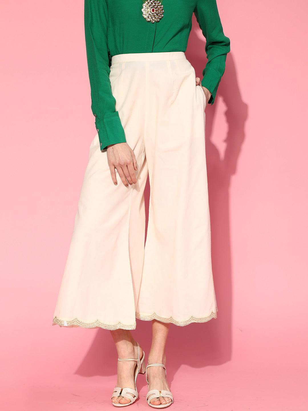 Off White Solid Cotton Palazzos - ShopLibas