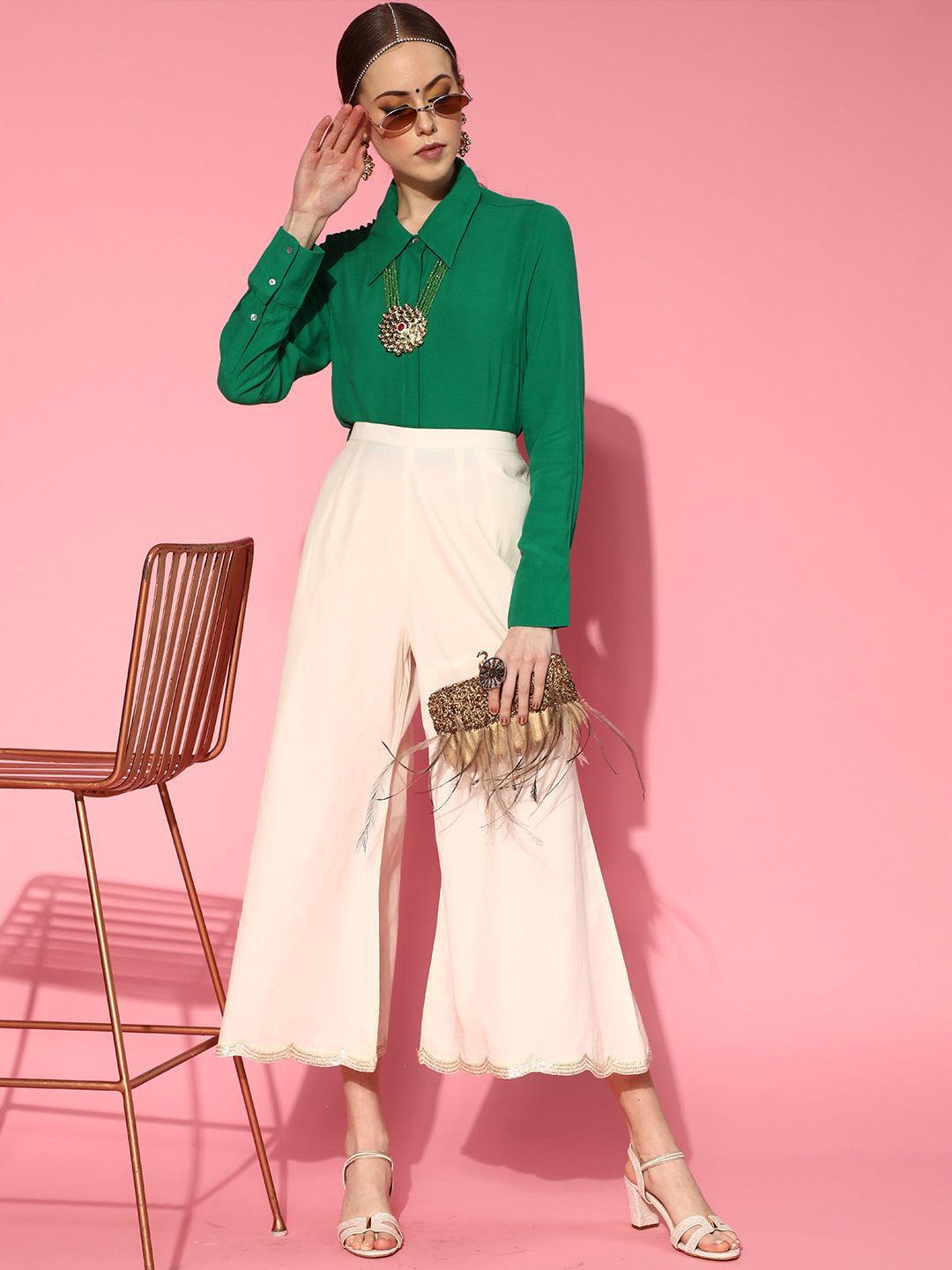 Off White Solid Cotton Palazzos - ShopLibas 