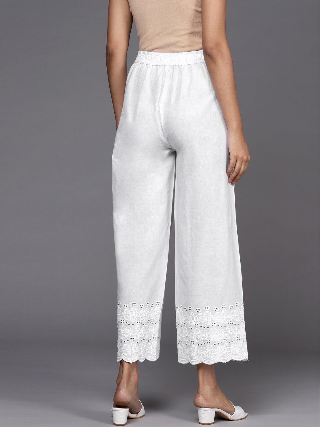 Off White Solid Cotton Palazzos - ShopLibas 