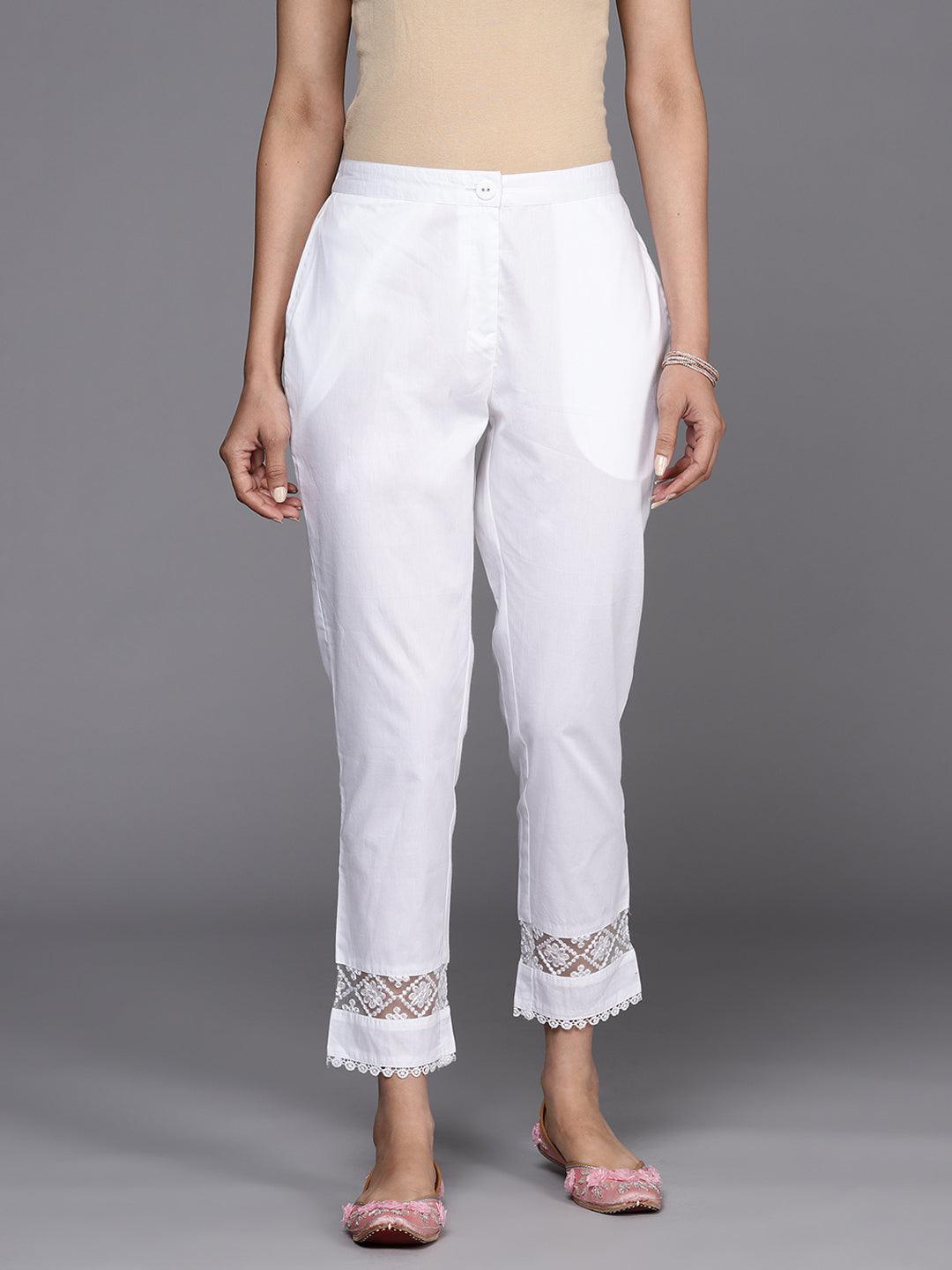 Off White Solid Cotton Trousers - ShopLibas