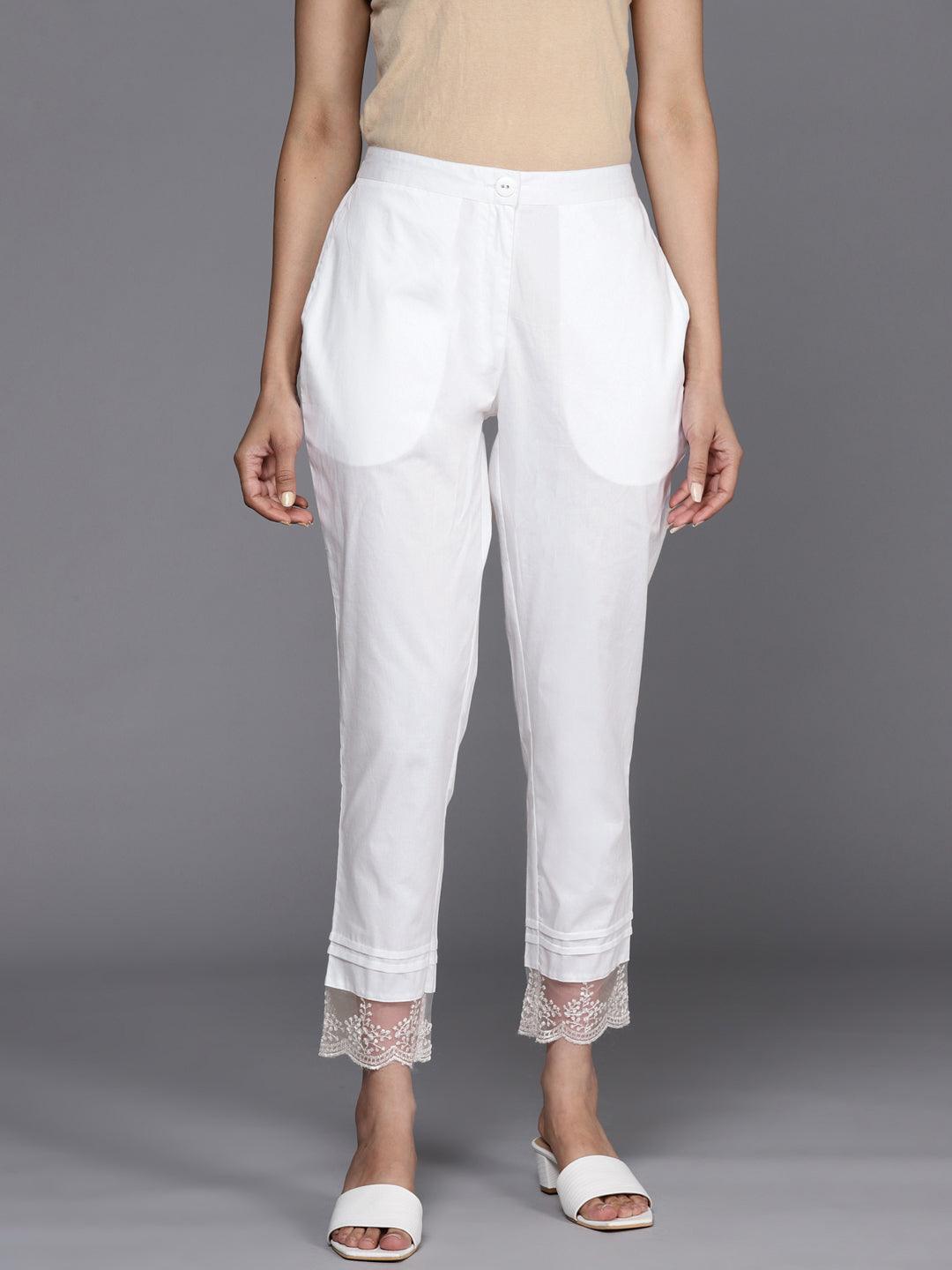 Off White Solid Cotton Trousers - ShopLibas