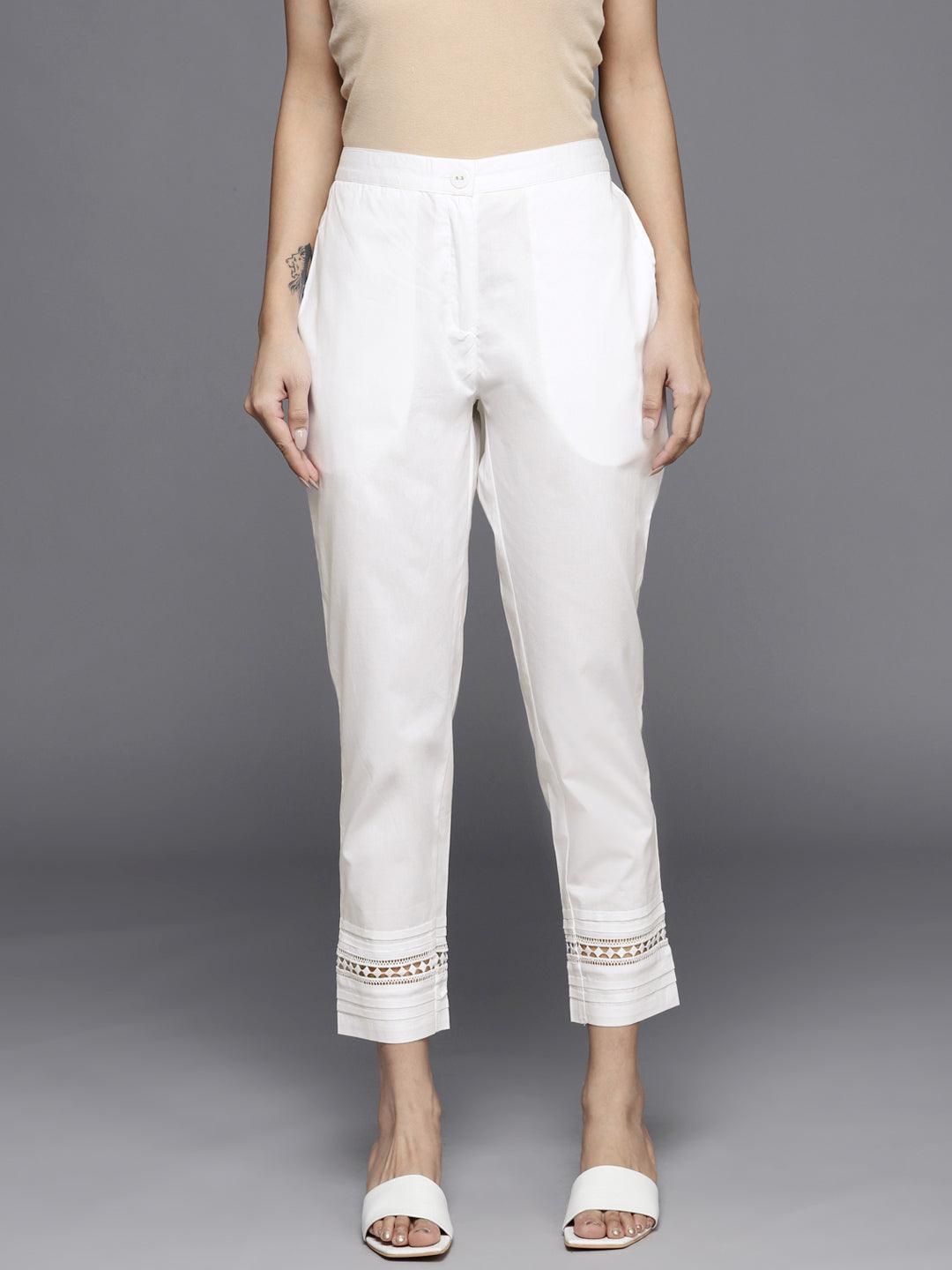 Off White Solid Cotton Trousers - ShopLibas
