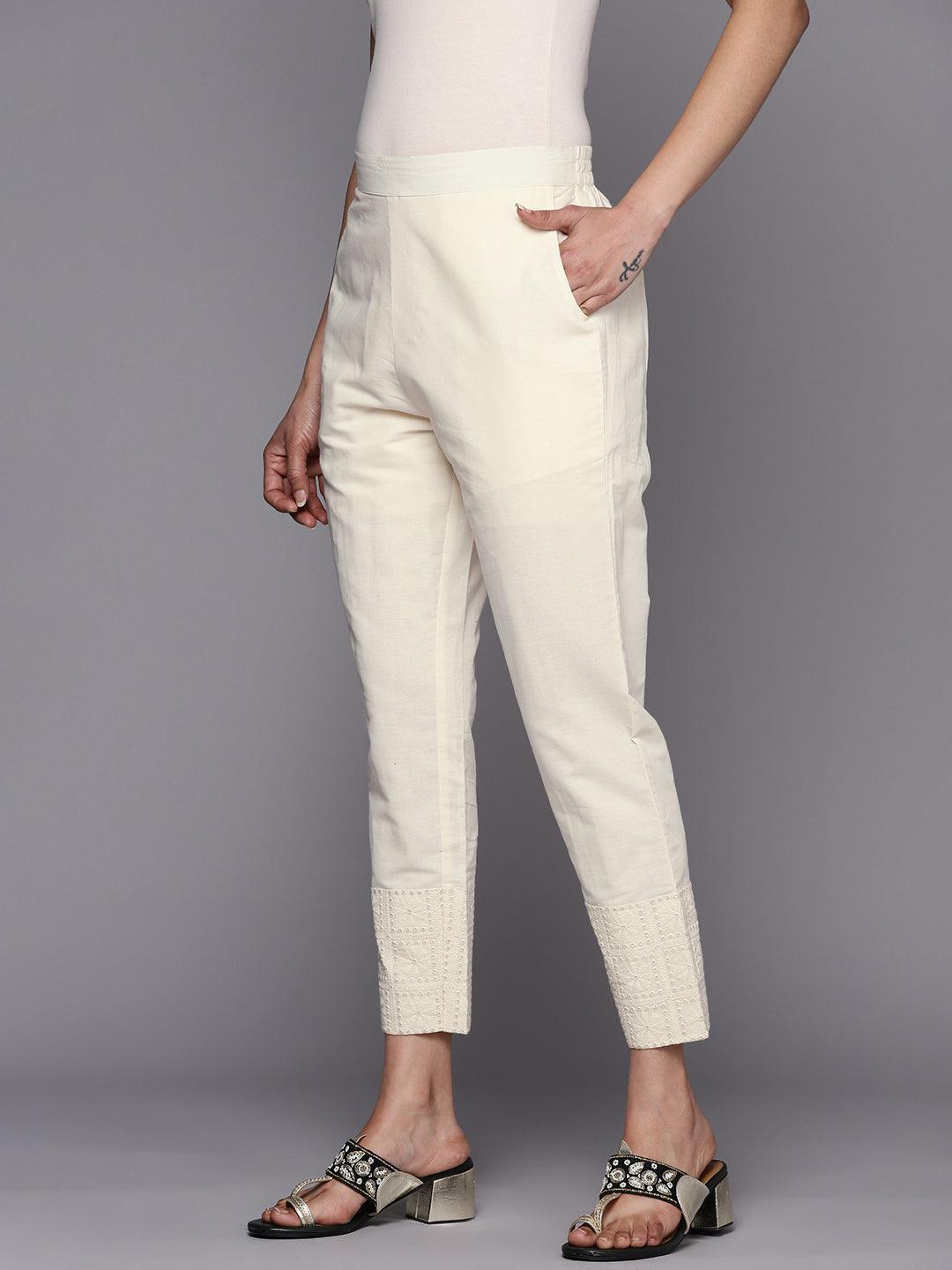Off White Embroidered Cotton Trousers - ShopLibas 