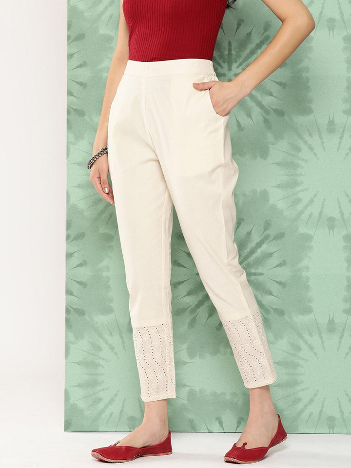 Off White Solid Cotton Trousers