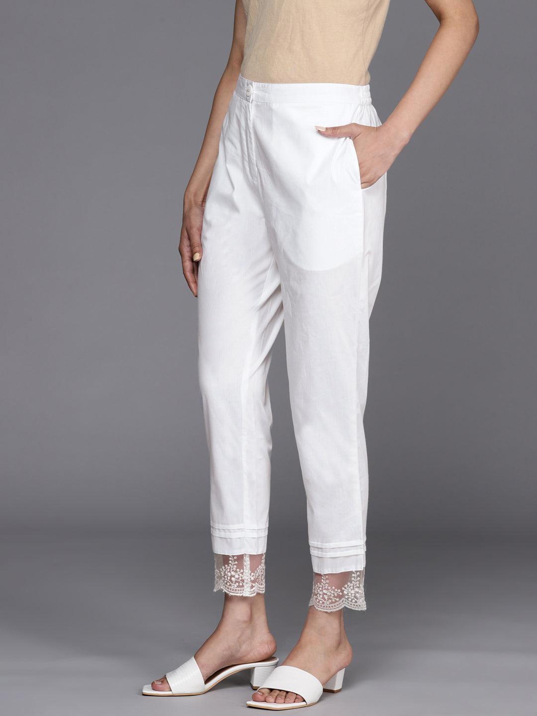 Off White Solid Cotton Trousers - ShopLibas 
