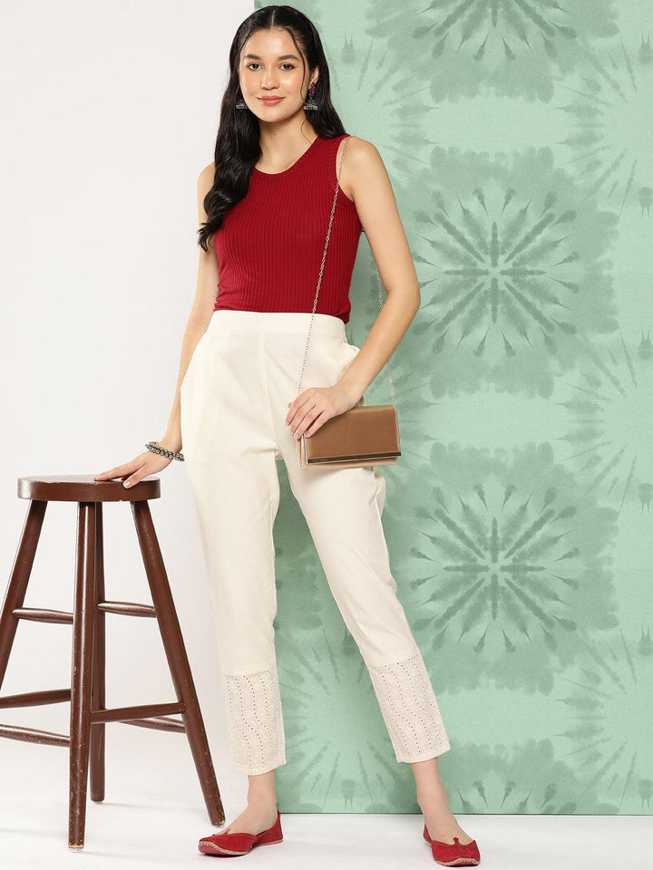 Off White Solid Cotton Trousers