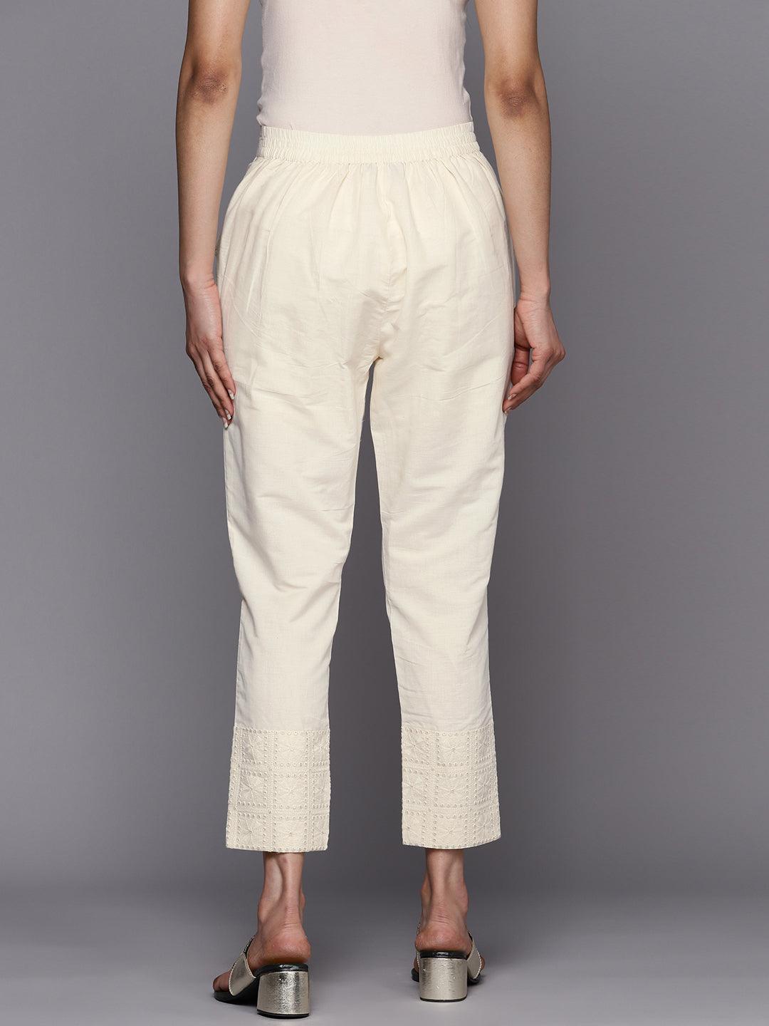 Off White Embroidered Cotton Trousers - ShopLibas 