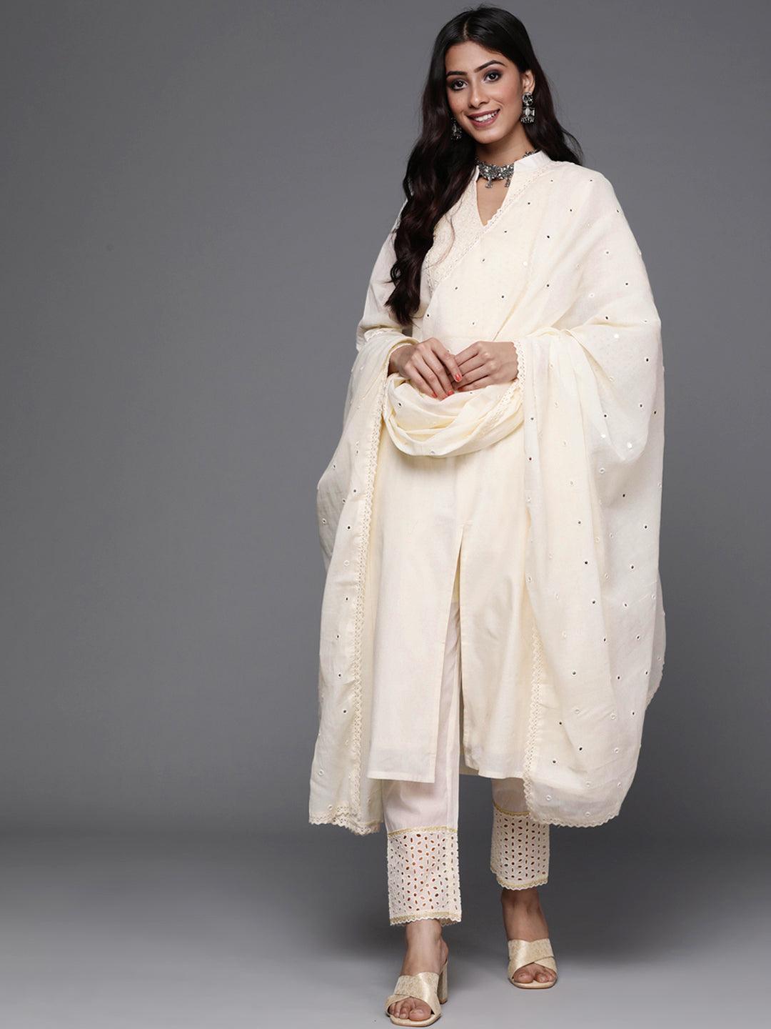 Off White Yoke Design Cotton Suit Set - ShopLibas