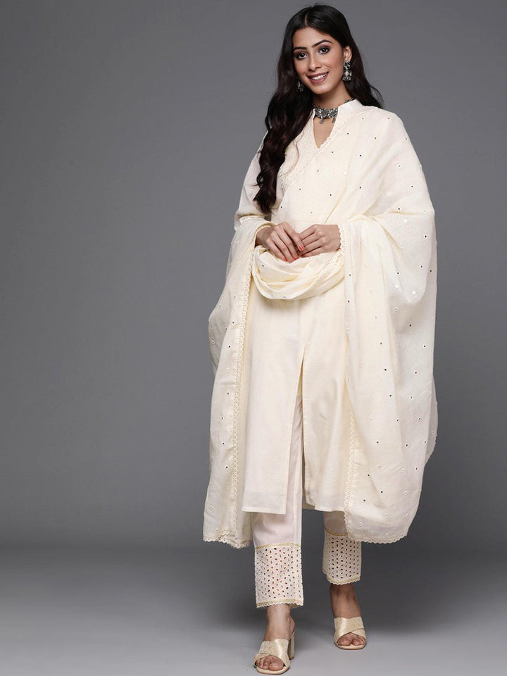 Off White Yoke Design Cotton Suit Set - ShopLibas