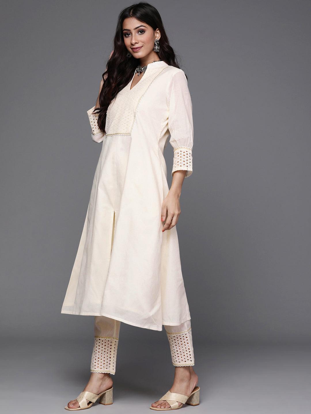 Off White Yoke Design Cotton Suit Set - ShopLibas