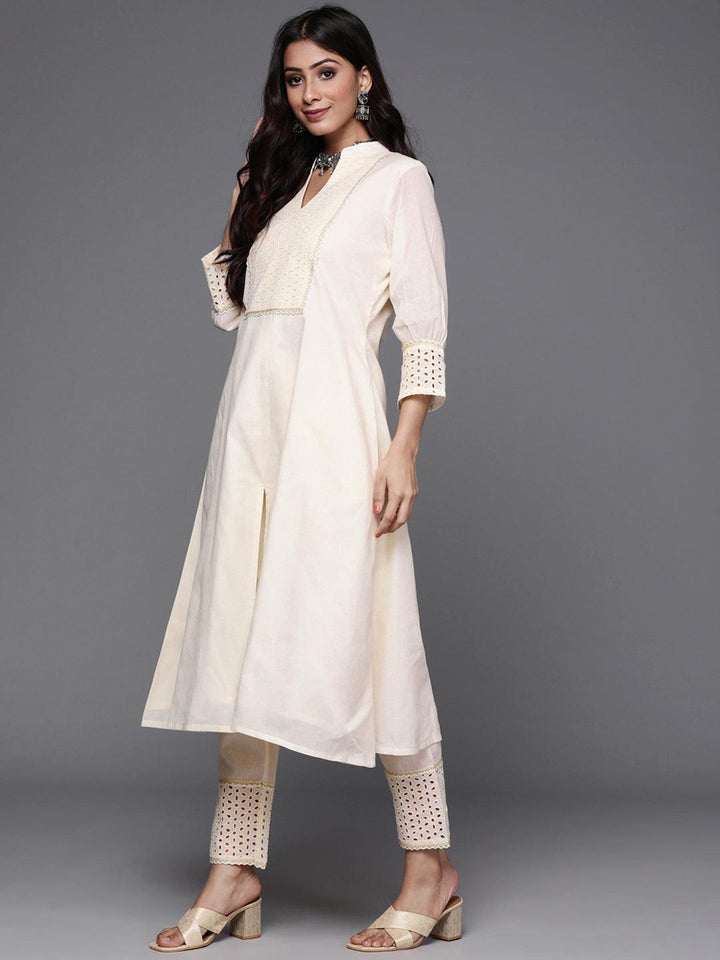 Off White Yoke Design Cotton Suit Set - ShopLibas