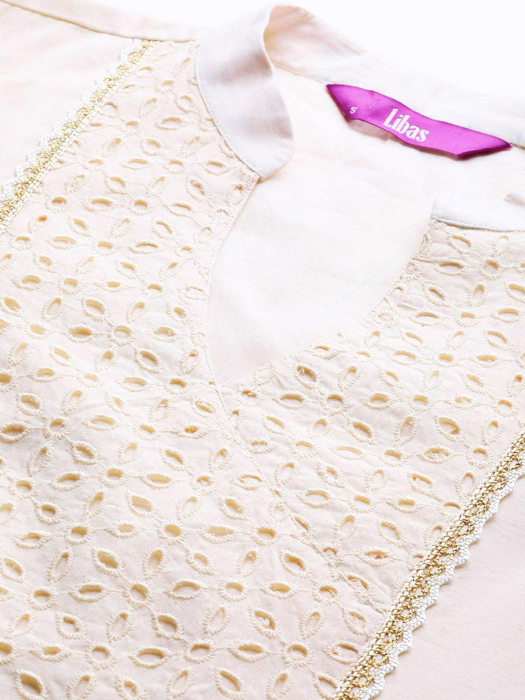 Off White Yoke Design Cotton Suit Set - ShopLibas