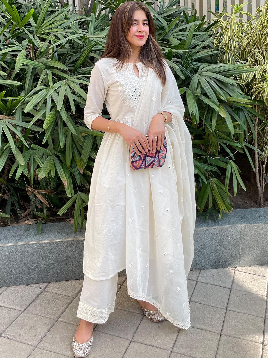 Off White Yoke Design Cotton Suit Set - ShopLibas