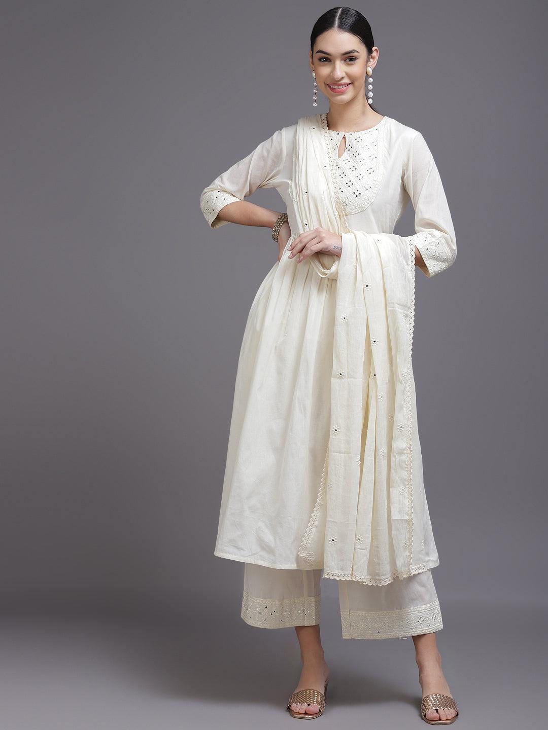 Off White Yoke Design Cotton Suit Set - ShopLibas