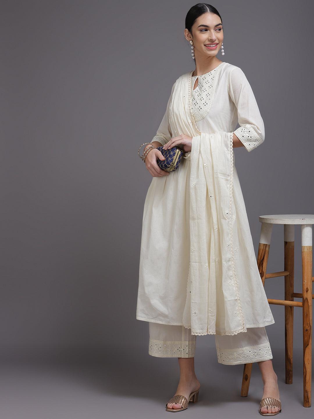 Off White Yoke Design Cotton Suit Set - ShopLibas
