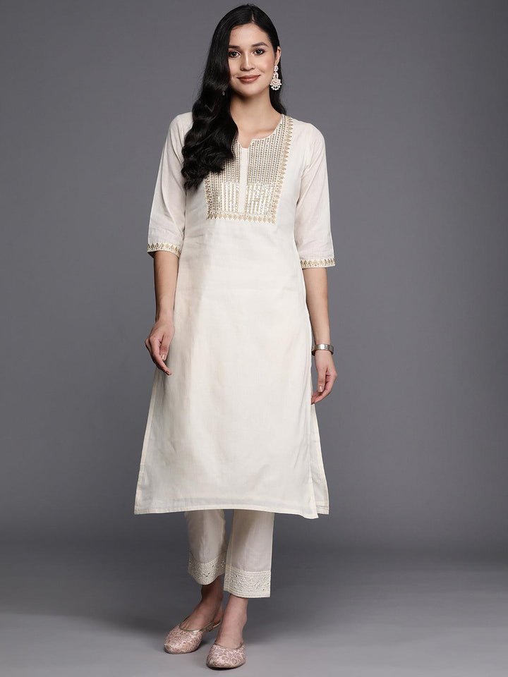 Off White Printed Cotton Straight Kurta