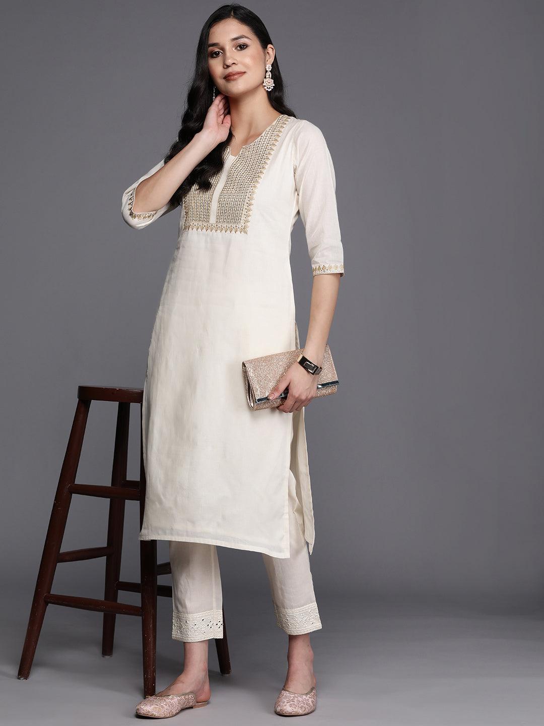 Off White Printed Cotton Straight Kurta - ShopLibas 