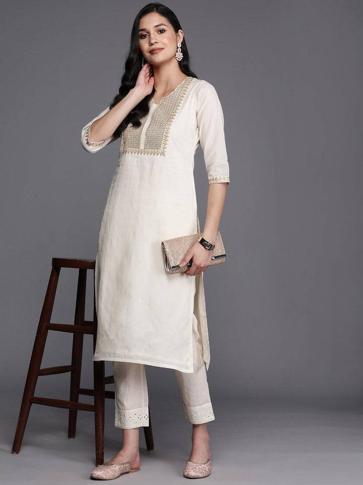 Off White Printed Cotton Straight Kurta