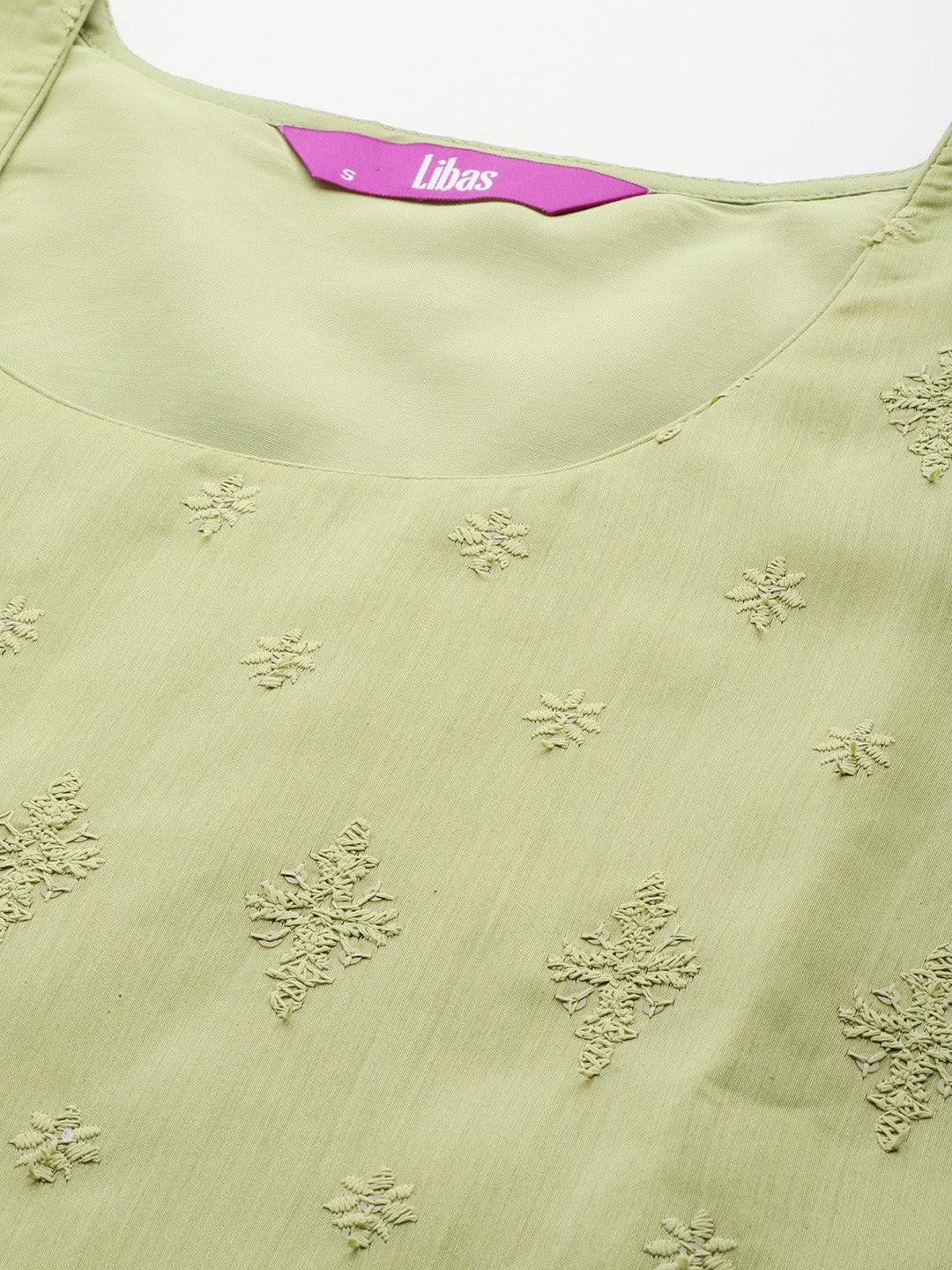 Olive Embroidered Chanderi Silk Straight Kurta With Trousers & Dupatta - Libas 