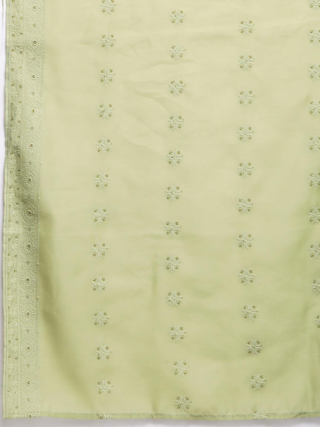 Olive Embroidered Chanderi Silk Straight Kurta With Trousers & Dupatta - Libas 
