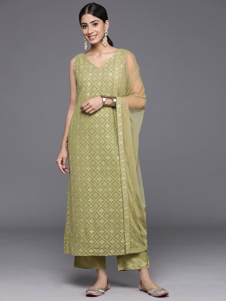 Olive Embroidered Georgette Straight Kurta With Trousers & Dupatta - Libas