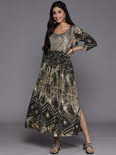 Olive Printed Fit and Flare Rayon Dress - ShopLibas