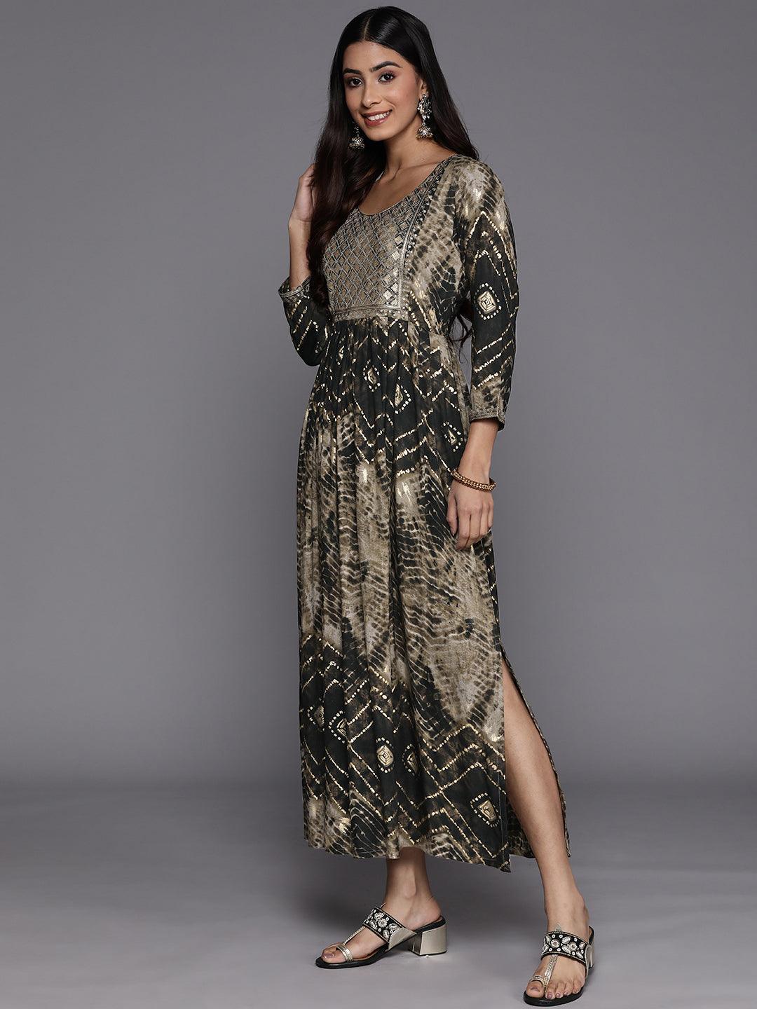 Olive Printed Fit and Flare Rayon Dress - ShopLibas 