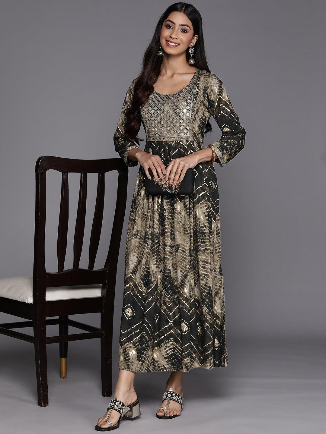 Olive Printed Fit and Flare Rayon Dress - ShopLibas 