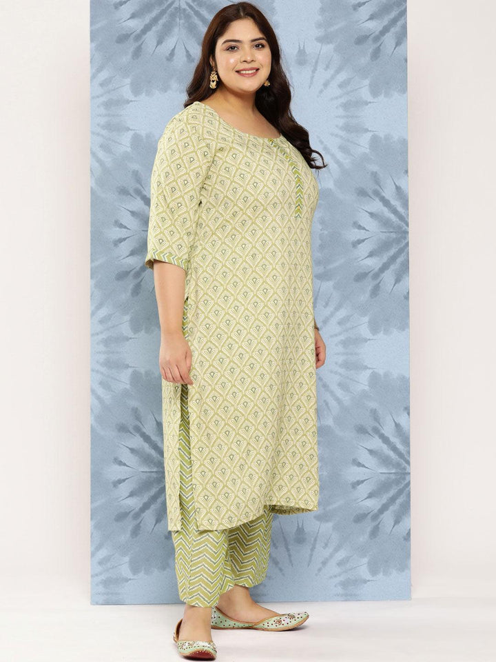 Olive Printed Rayon Straight Kurta With Trousers and Dupatta