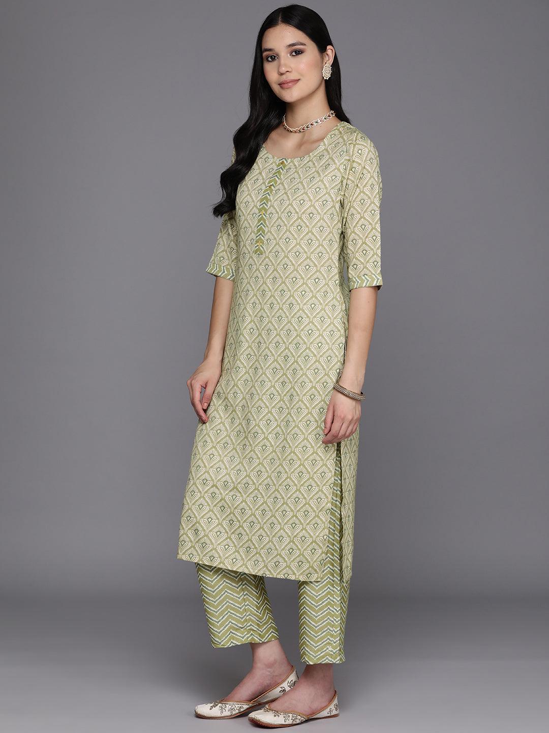 Olive Printed Rayon Straight Suit Set With Trousers - Libas 