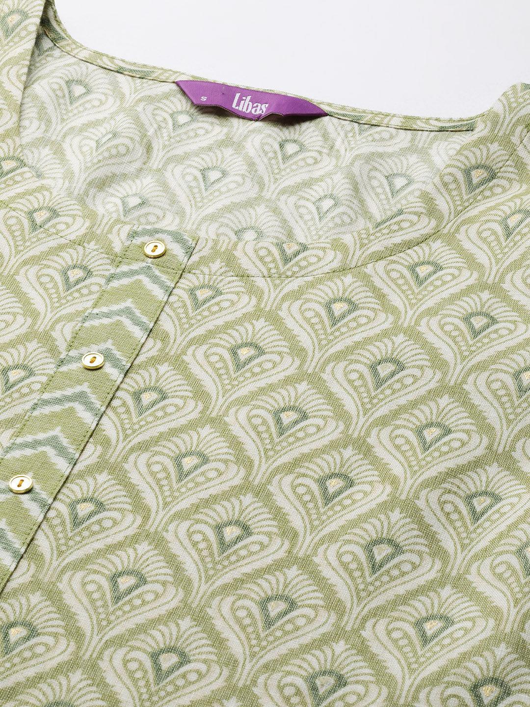 Olive Printed Rayon Straight Suit Set With Trousers - Libas 