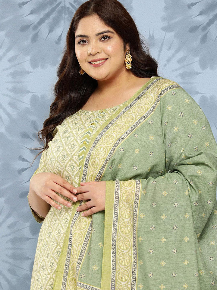 Olive Printed Rayon Straight Kurta With Trousers and Dupatta