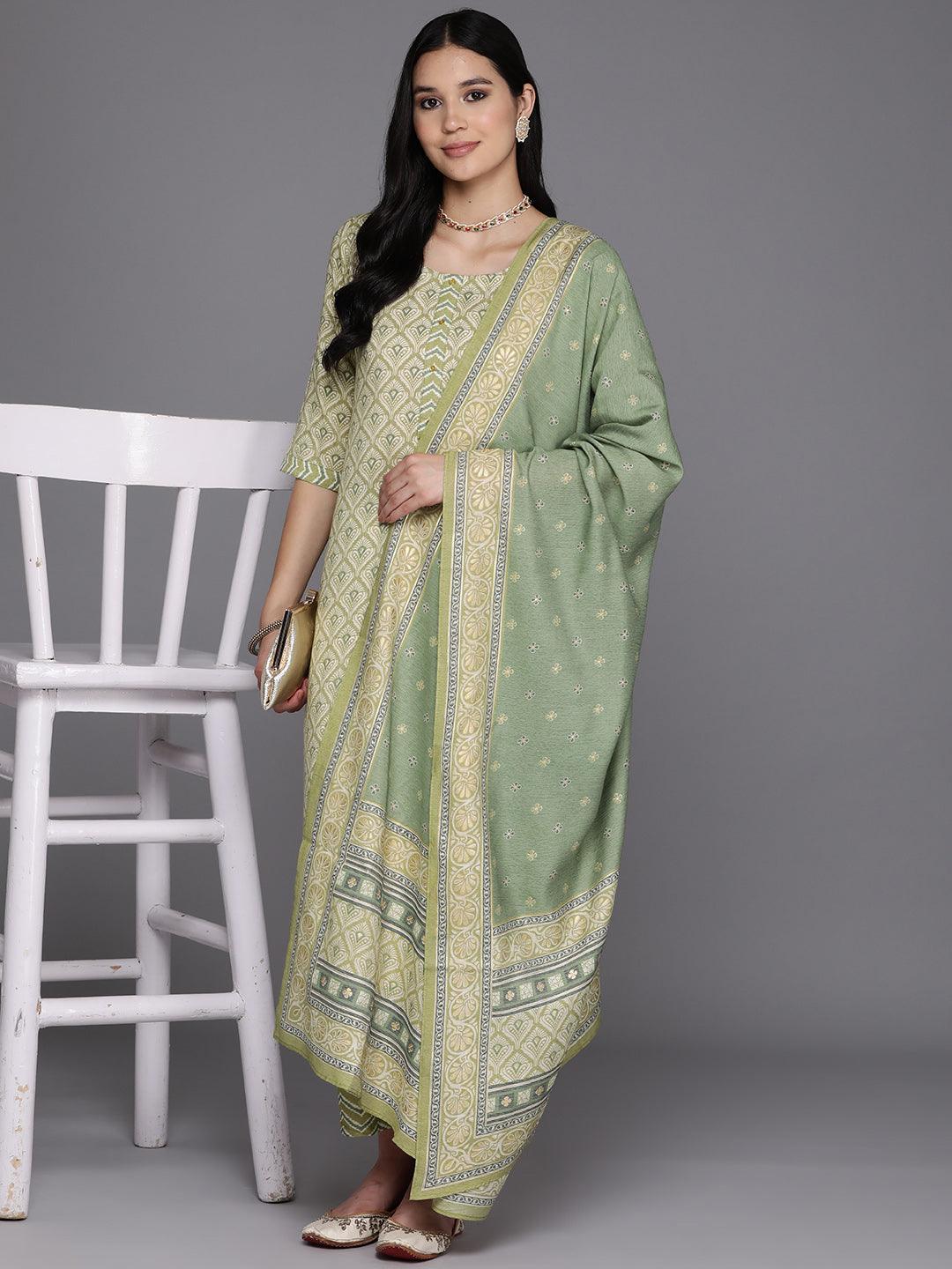 Olive Printed Rayon Straight Suit Set With Trousers - Libas 