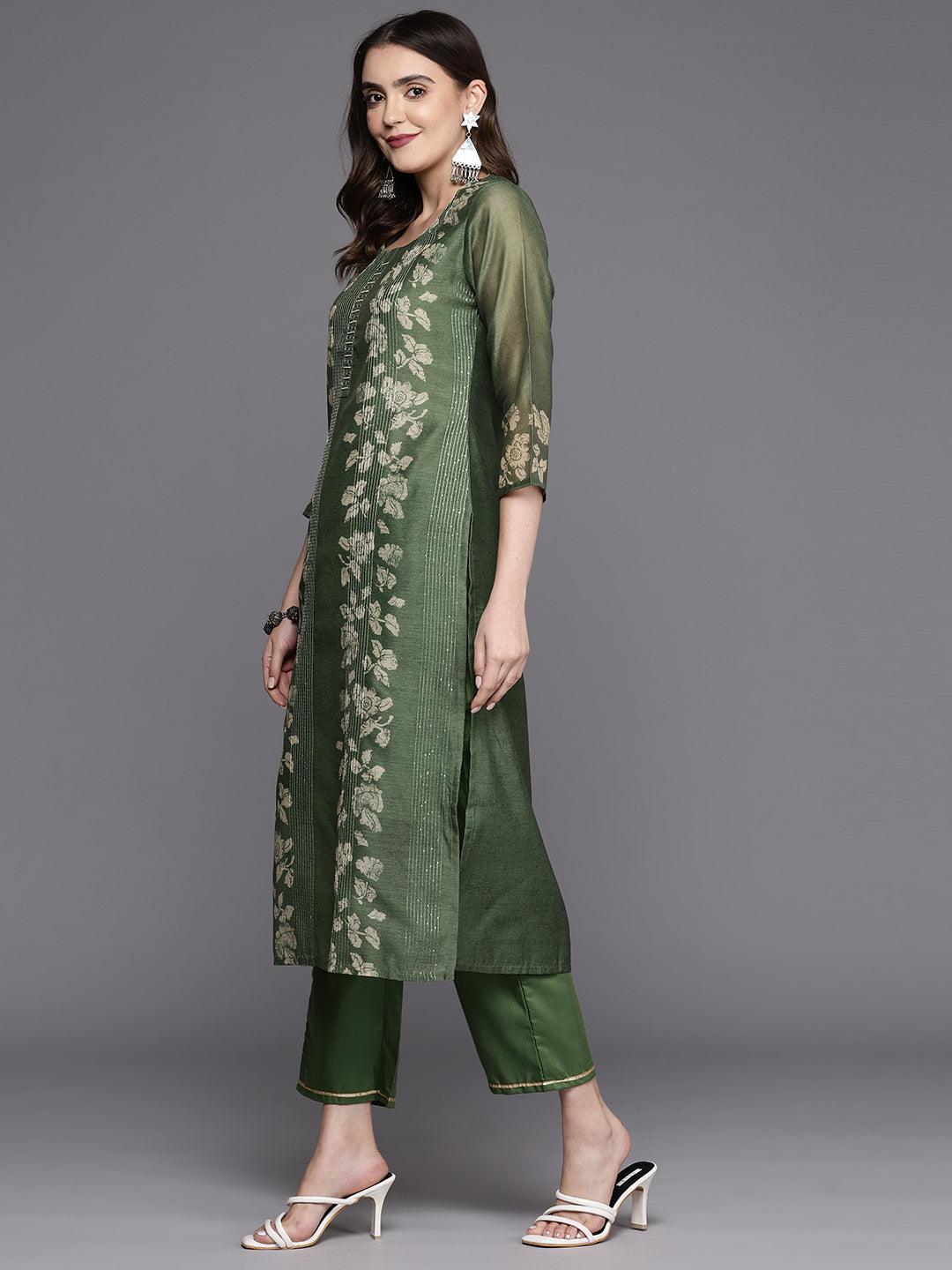 Olive Printed Silk Blend Straight Kurta With Trousers - Libas 