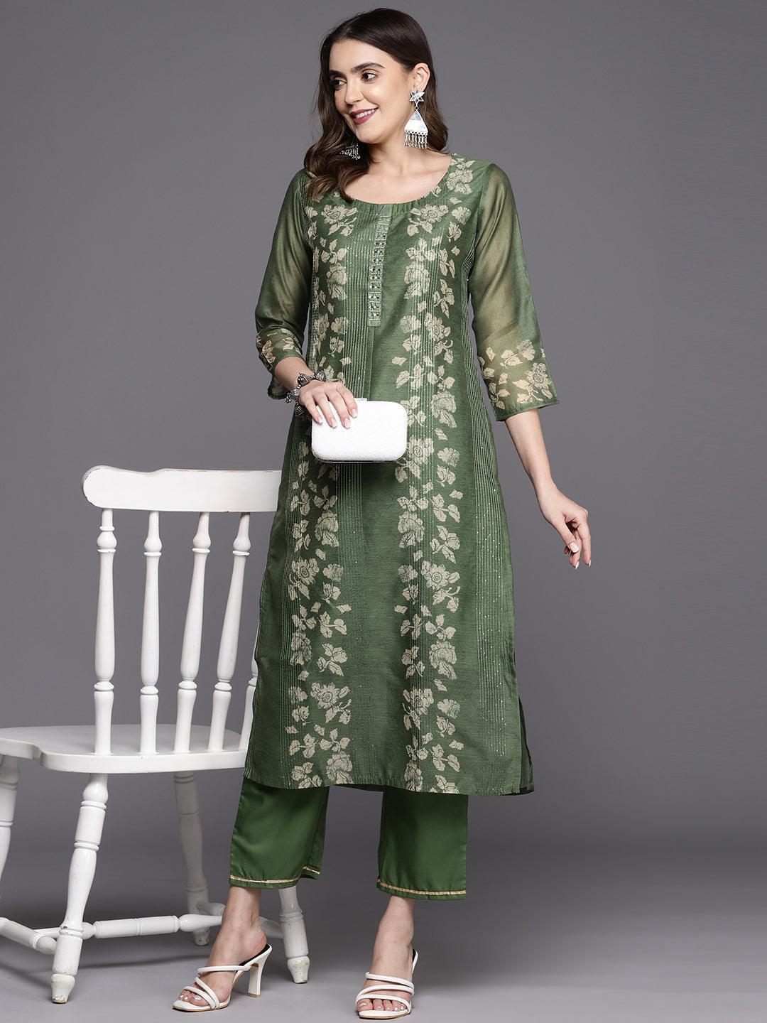 Olive Printed Silk Blend Straight Kurta With Trousers - Libas 
