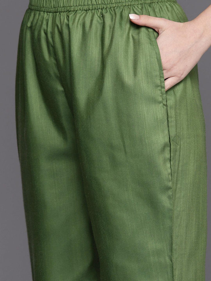 Olive Printed Silk Blend Straight Kurta With Trousers