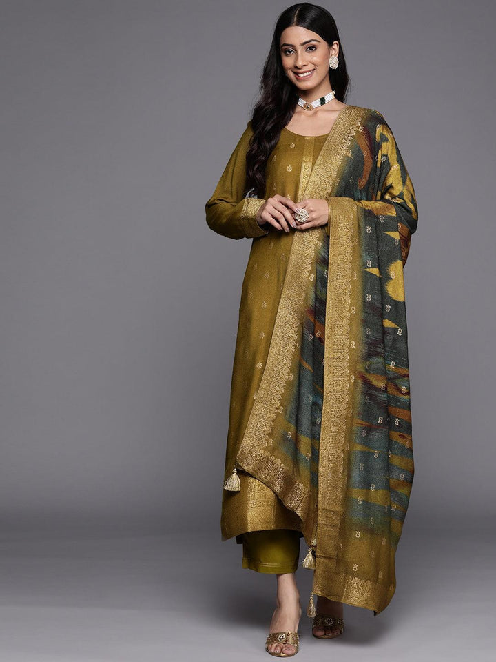 Olive Self Design Pashmina Wool Straight Suit Set - ShopLibas